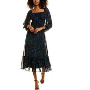 JUST TAYLOR Square Neck Dark Romantic Floral Mesh Long Puff Sleeve Midi Dress 16